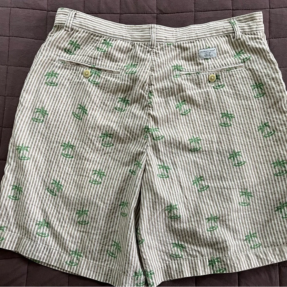 Vineyard Vines Linen Blend Club Shorts Brown White Striped Palm Trees Size 34 - Picture 7 of 10